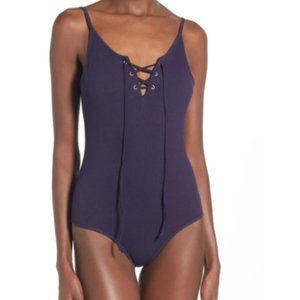 GLAMOROUS Lace-Up Ribbed Bodysuit Navy Size Medium